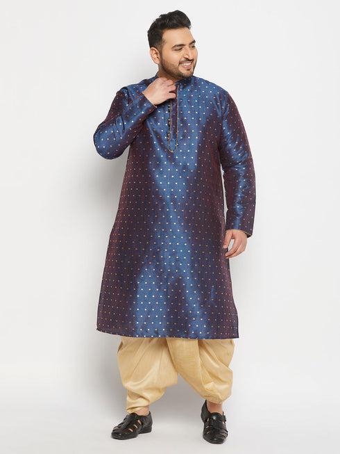 Vastramay Men's Plus Size Navy Blue Zari Weaved Kurta Dhoti Set